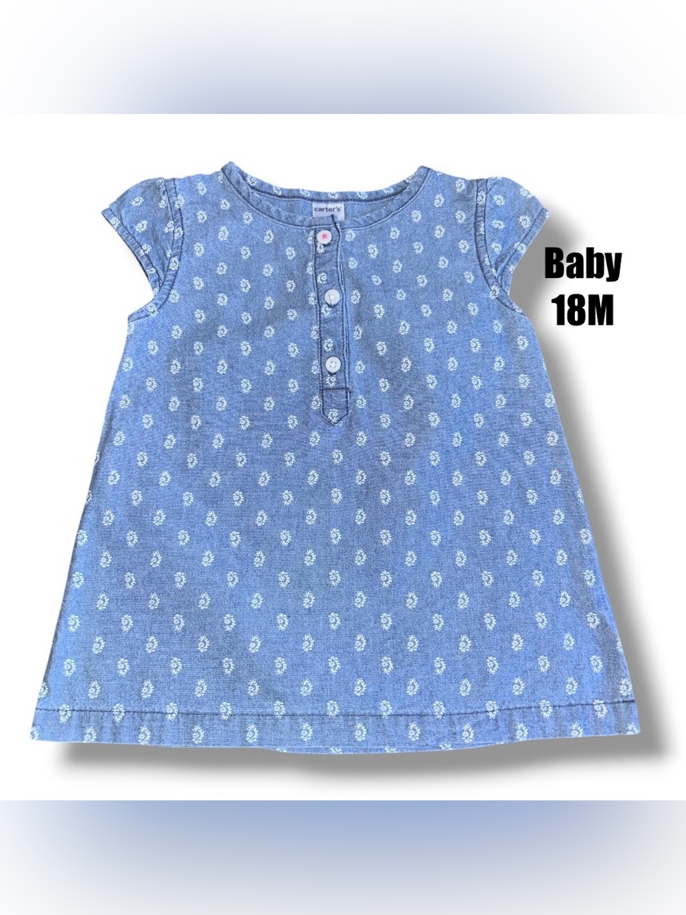 Carter's Light Blue Floral Cap-Sleeve Denim Chambray Tunic shirt size 18 months
